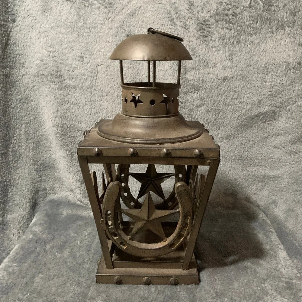 Rustic Metal Horseshoe Texas Star Lantern Western Farmhouse Decor Bronze 13.5in
